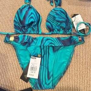 Blue-Green Printed Triangle Bikini - Women Swim